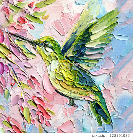Green hummingbird and pink blossoms in impasto acrylic painting with textured strokes on pastel sky background 128591086