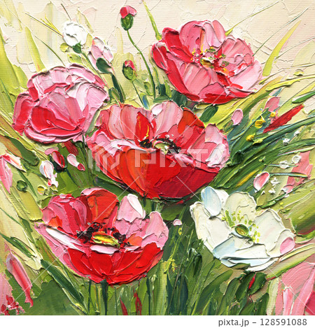 Red poppies and white anemones in textured acrylic impasto painting with green grass and wildflowers on light background Red poppies and white anemones in textured acrylic impasto painting with green grass and wildflowers on light background 128591088