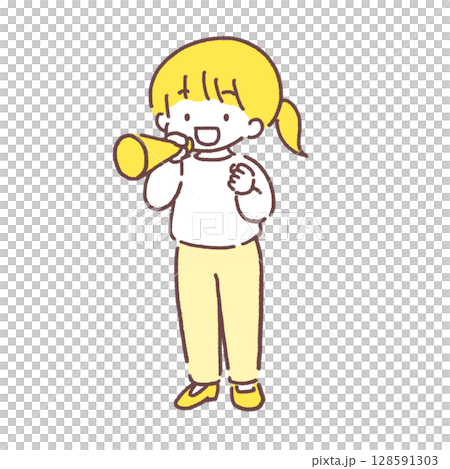 一位穿著休閒服的女士拿著擴音器歡呼 128591303