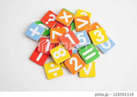 Number wood block cubes for learning Mathematic, education math. 128591319
