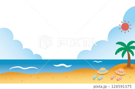 海辺に広がる夏の背景イラスト(麦わら帽子とサンダル)_背景色なし01 海辺に広がる夏の背景イラスト(麦わら帽子とサンダル)_背景色なし01 128591375