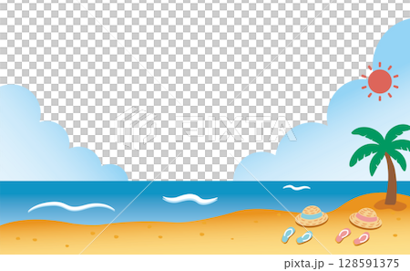 Summer background illustration (straw hat and sandals) spreading across the seaside_No background color 01 128591375