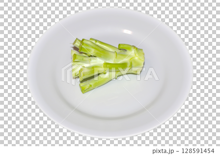 Raw broccoli stems on a white plate (transparent background) 128591454