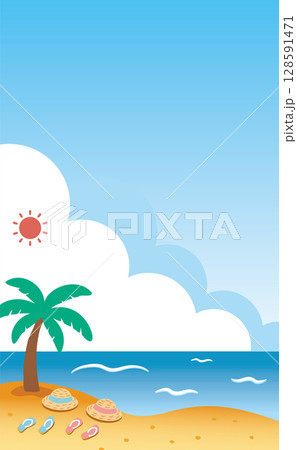 海辺に広がる夏の背景イラスト（麦わら帽子とサンダル）縦型_背景色あり03 128591471