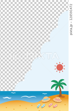 Summer background illustration (straw hat and sandals) spreading across the seaside, vertical type_no background color 128591472