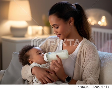 Caring hispanic female feeding infant with bottle in cozy nursery. 128591614
