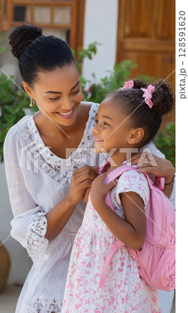African female adult with african female child smiling outdoors, dressed in white and pink. 128591620