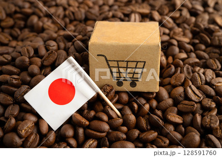 Japan flag on coffee beans, shopping online for export or import food product. Japan flag on coffee beans, shopping online for export or import food product. 128591760