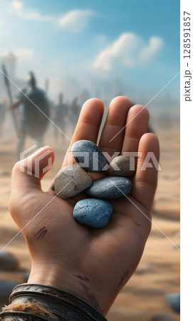 Close-up of hand holding stones with blurred soldiers in background. Close-up of hand holding stones with blurred soldiers in background. 128591857