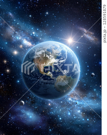 Earth in space with stars and planets illuminated by sunlight. Earth in space with stars and planets illuminated by sunlight. 128591879