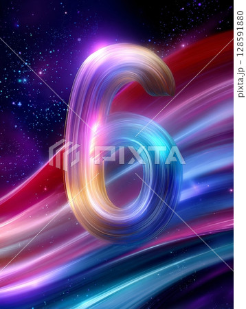 Vibrant cosmic number six with colorful light streaks and stars. Vibrant cosmic number six with colorful light streaks and stars. 128591880
