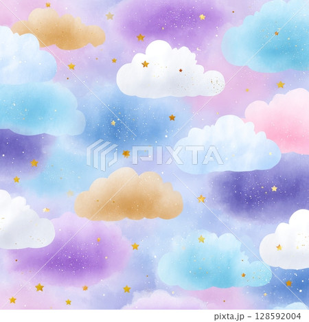 Whimsical cloud and star pattern with pastel colors and dreamy sky. 128592004