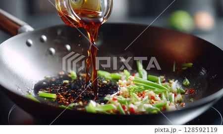 Soy sauce and vegetables sizzling in hot wok stir-fry cooking scene. 128592119