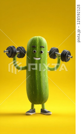 Animated cucumber character lifting weights on yellow background for fitness concept. Animated cucumber character lifting weights on yellow background for fitness concept. 128592128