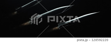 High-speed rockets in motion with glowing fire,...のイラスト素材 [128592220 ...