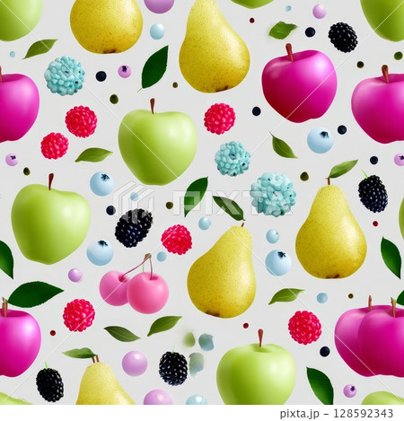 Colorful fruit seamless pattern with pears apples berries and leaves on white. 128592343