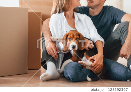 Embracing each other. Young couple with dog are moving to new home Embracing each other. Young couple with dog are moving to new home 128592397