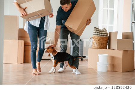 Young couple with dog are moving to new home Young couple with dog are moving to new home 128592420