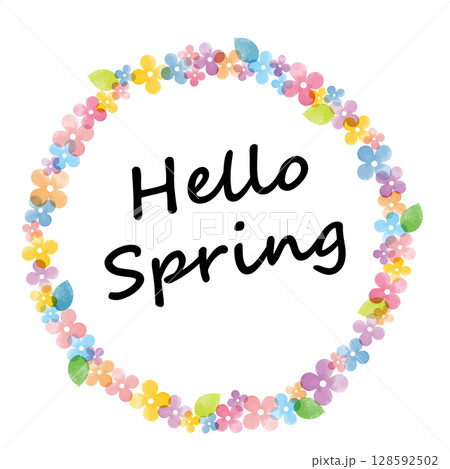 英語フレーズ入りの水彩花リース_Hello Spring 128592502