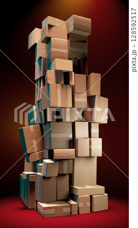 Chaotic Columns: A Mosaic of Cardboard Against a Dark Red Canvas 128592517