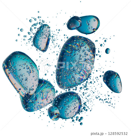 Abstract Iridescent Bubble with Surrounding Water Droplets on White Background 128592532