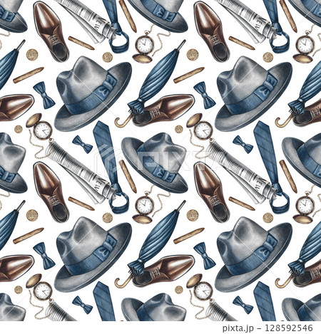 Seamless pattern on a men's theme from men's accessories, hats, boots, umbrellas, canes, and so on. Hand-drawn watercolor illustration. Perfect for textiles, wrapping paper, packaging, holiday decor. Seamless pattern on a men's theme from men's accessories, hats, boots, umbrellas, canes, and so on. Hand-drawn watercolor illustration. Perfect for textiles, wrapping paper, packaging, holiday decor. 128592546
