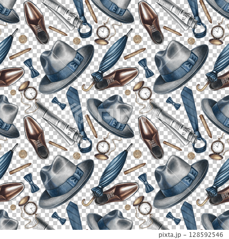 Seamless pattern on a men's theme from men's accessories, hats, boots, umbrellas, canes, and so on. Hand-drawn watercolor illustration. Perfect for textiles, wrapping paper, packaging, holiday decor. Seamless pattern on a men's theme from men's accessories, hats, boots, umbrellas, canes, and so on. Hand-drawn watercolor illustration. Perfect for textiles, wrapping paper, packaging, holiday decor. 128592546