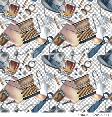 Seamless pattern on a men's theme, with the image of cognac, wallets, cigars and men's accessories. Hand-drawn watercolor illustration. For textiles, wrapping paper and packaging, for bachelor parties 128592553