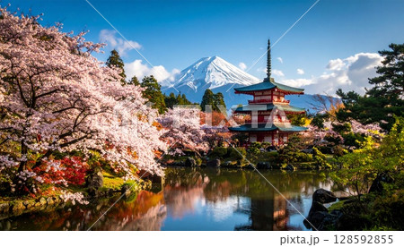 富士山と桜、伝統的な寺院の美しい風景 128592855