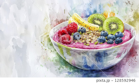Watercolor painting of a healthy smoothie bowl with fresh fruit and grains. concept of artistic food presentation, nutritious eating, creative meal art, wellness lifestyle, Copy space 128592946