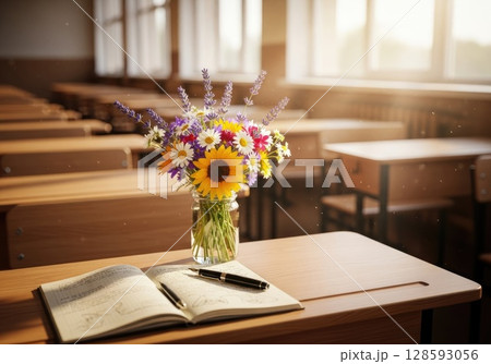 Empty Classroom Desk Awaiting Student Arrival Empty Classroom Desk Awaiting Student Arrival 128593056