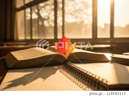 Golden Hour Study Time: Textbook and Autumn Leaf 128593117