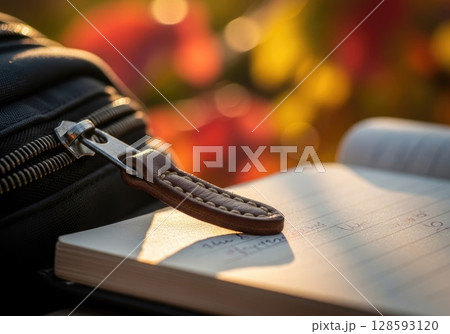 Textured Details: Backpack Zipper and School Notebook 128593120