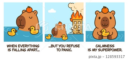 Funny comic strip about staying calm during a crisis, inspired by the "This is Fine" meme. A zen capybara demonstrates its superpower against stress and burnout. Perfect for office humor and mental he 128593317