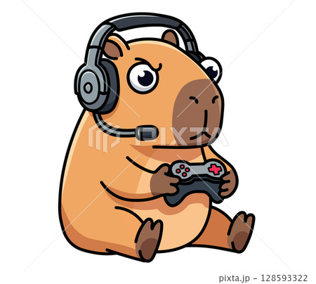 Gamer capybara character playing a video game with a controller and a headset. Funny mascot for an esports team, a streamer's channel, or a gaming blog. Cute cartoon illustration for geeks and video 128593322