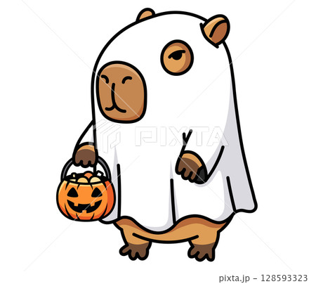 Funny capybara in a ghost costume for Halloween, holding a jack-o'-lantern candy basket. Cute and grumpy character for a trick-or-treat party invitation, a spooky greeting card, or a holiday sticker.  128593323