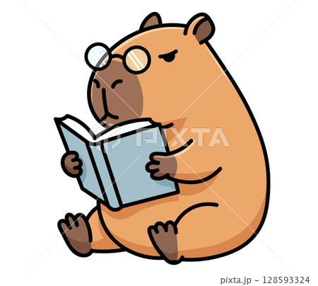 Smart capybara character with glasses reading a book. Intellectual animal mascot symbolizing education, knowledge, and the love of reading. Perfect for a library, bookstore, or a "back to school" camp Smart capybara character with glasses reading a book. Intellectual animal mascot symbolizing education, knowledge, and the love of reading. Perfect for a library, bookstore, or a "back to school" camp 128593324