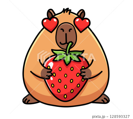 Cute capybara character in love with a giant strawberry. Adorable cartoon animal with heart eyes, symbolizing passion for food, romance, and summer. Perfect for Valentine's Day cards, foodie blogs, or Cute capybara character in love with a giant strawberry. Adorable cartoon animal with heart eyes, symbolizing passion for food, romance, and summer. Perfect for Valentine's Day cards, foodie blogs, or 128593327