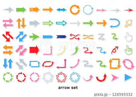 シール風のカラフルなシンプルな矢印アイコンセット 128593332