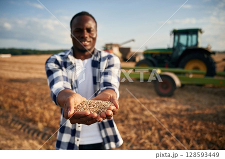 With wheat in hands. Beautiful African American man is in the agricultural field With wheat in hands. Beautiful African American man is in the agricultural field 128593449