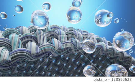 Abstract Bubbles Rising From Curled Waves on Blue Gradient Background 128593627