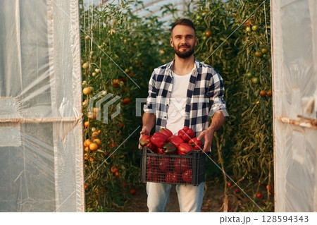 Holding peppers. Beautiful young man is in the garden 128594343