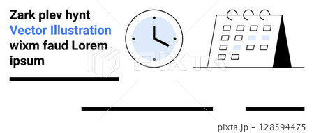 Clock symbol, calendar, and placeholder text. Ideal for time management, scheduling, event planning, productivity, office presentations, educational materials, and business planning. Landing page 128594475
