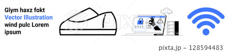 Sneakers outline, cybersecurity warning with hacker, blue wireless signal icon, and random text in different fonts. Ideal for technology, security, footwear, internet, hacking, random designs 128594483