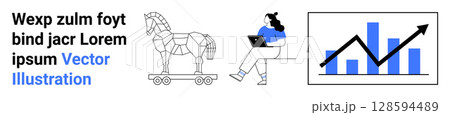 Female working on laptop, abstract polygonal horse on wheels, bar chart with upward arrow. Ideal for technology, digital learning, data analysis, business growth, product strategies, online courses 128594489