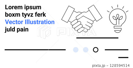 Handshake symbolizing partnership, interspersed text, lightbulb indicating creativity, minimalistic lines. Ideal for business, collaboration, creativity, innovation teamwork partnership 128594514