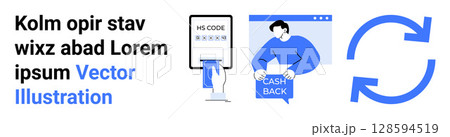 Man holding cashback sign, HS code document in hand, and sync icon. Ideal for fintech, e-commerce, transactions, business analytics, financial services, data management, customer engagement. Landing Man holding cashback sign, HS code document in hand, and sync icon. Ideal for fintech, e-commerce, transactions, business analytics, financial services, data management, customer engagement. Landing 128594519