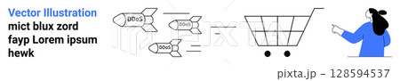 Shopping cart with three delivery drones approaching, woman holding a phone. Ideal for e-commerce, online shopping, delivery services, logistic management, retail innovation, technology advancement 128594537