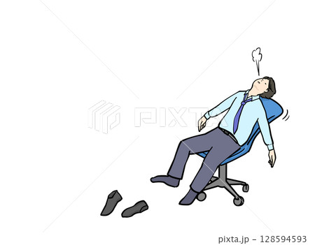 椅子にもたれてだらんとしながらストレスを感じて息を吐くスーツ男性イラスト 椅子にもたれてだらんとしながらストレスを感じて息を吐くスーツ男性イラスト 128594593
