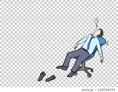椅子にもたれてだらんとしながらストレスを感じて息を吐くスーツ男性イラスト 椅子にもたれてだらんとしながらストレスを感じて息を吐くスーツ男性イラスト 128594593
